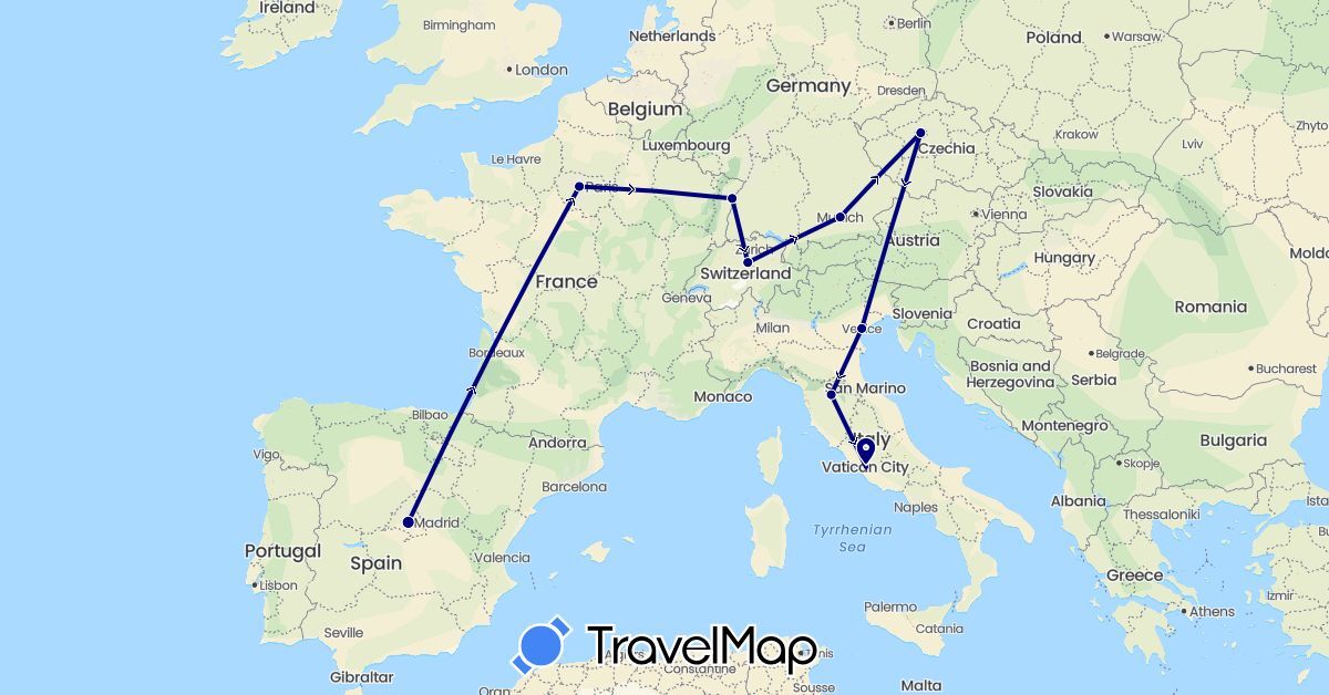 TravelMap itinerary: driving in Switzerland, Czech Republic, Germany, Spain, France, Italy (Europe)